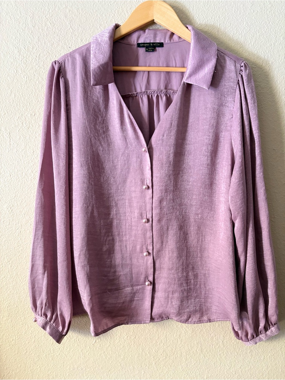 Cooper & Ella Lavender Button Front Blouse XL Long Sleeve Gathered Top - Picture 13 of 14